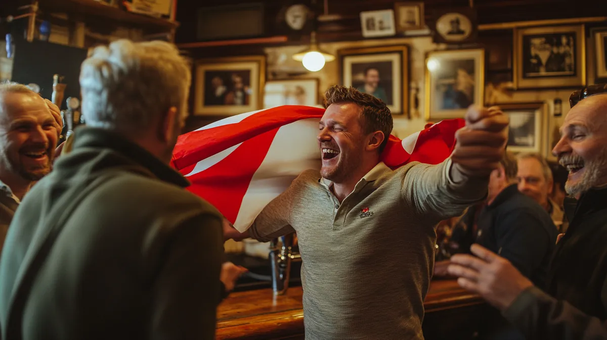 A surprised British man being embraced by Maltese locals in a bar