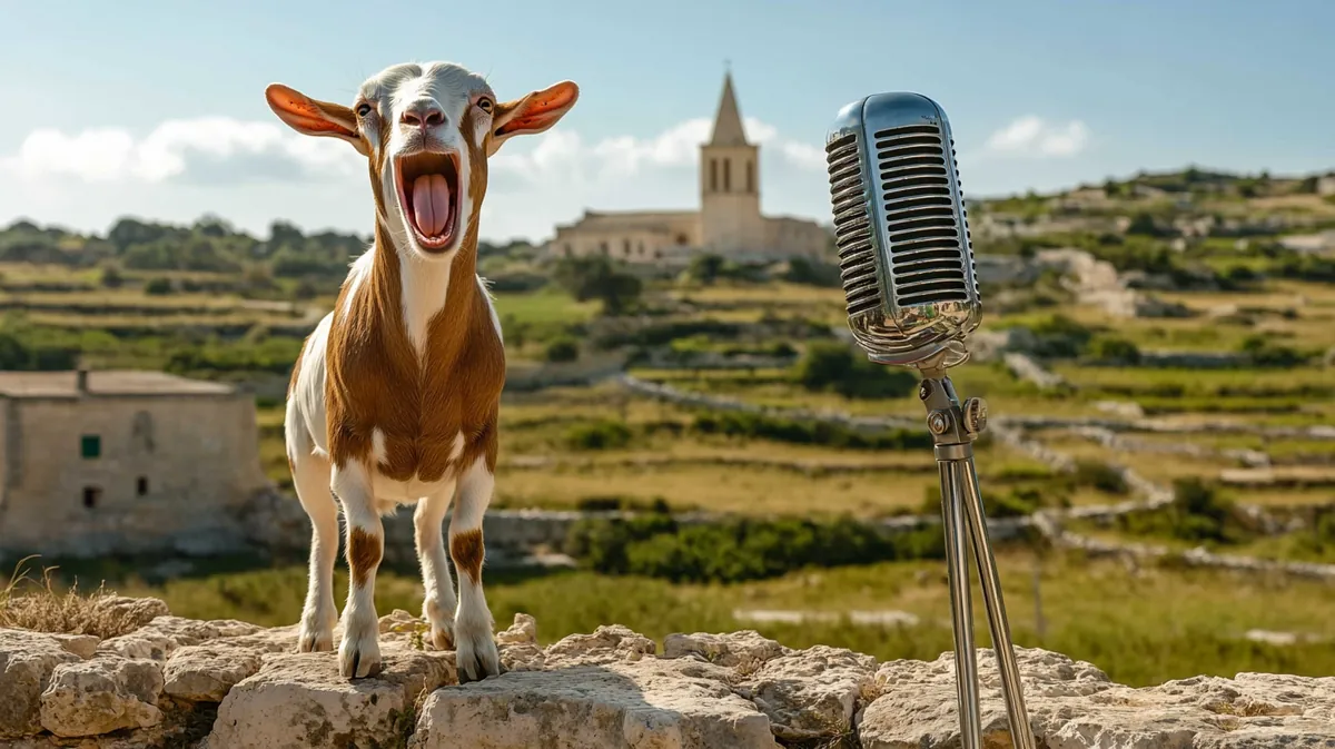 A goat standing proudly in a Gozitan field with a microphone stand in front of it