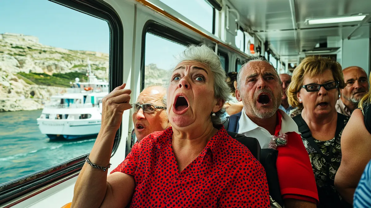 Stunned passengers exiting the Gozo ferry with bewildered expressions