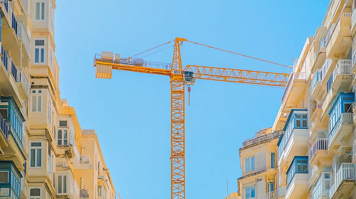 A single construction crane towering over Gżira with no other cranes visible
