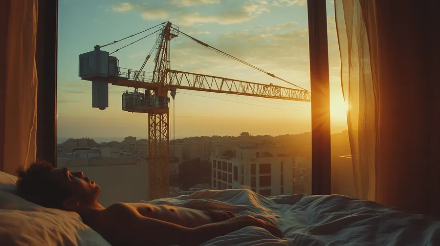 Construction crane outside bedroom window