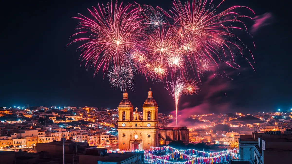 Spectacular fireworks exploding over a Maltese village church at night