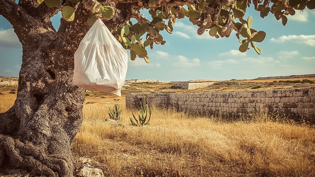 A weathered plastic bag fluttering majestically from a tree branch in the Maltese countryside