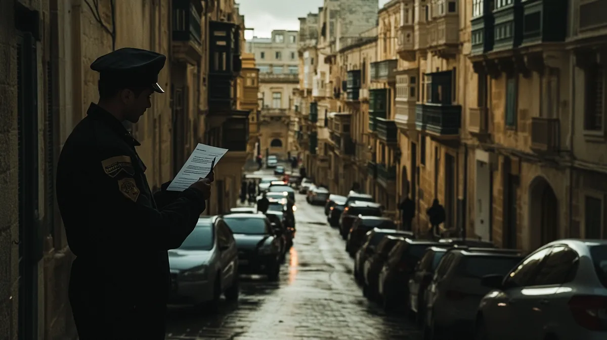 A parking warden writing a ticket on a narrow Maltese street
