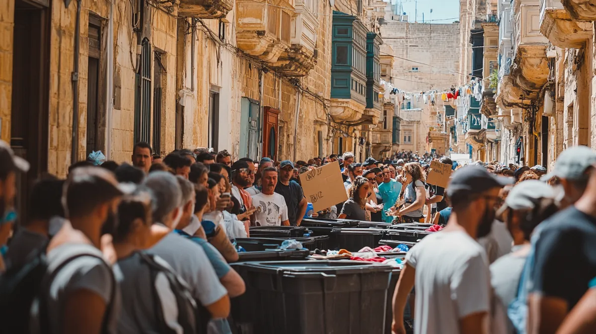 An angry crowd gathered outside a shuttered pastizzeria in Marsa